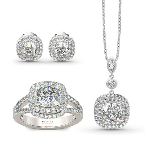 Jeulia Double Halo Cushion Cut Sterling Silver Jewelry Set Jeulia Jewelry