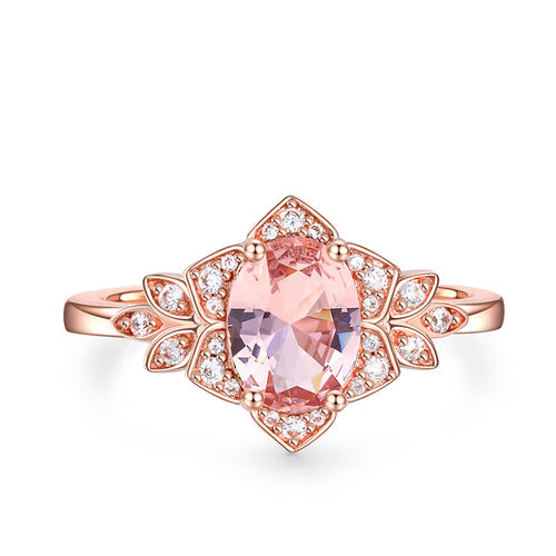 Jeulia Floral Halo Oval Cut Synthetic Morganite Sterling Silver Ring