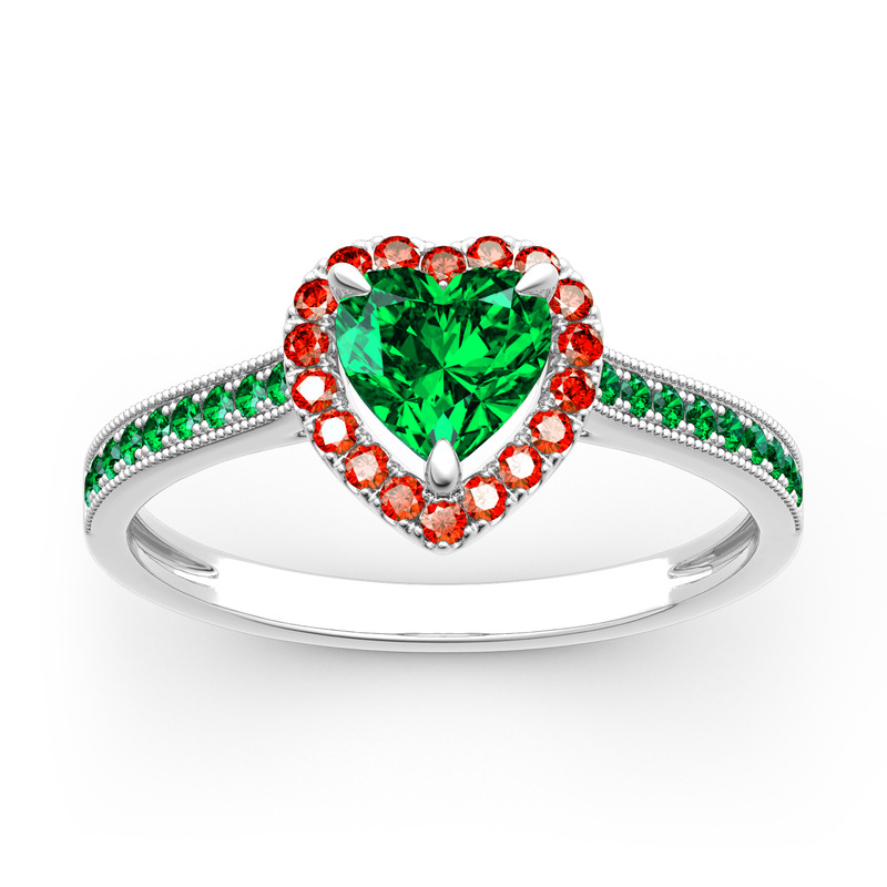 Heart Ring Emerald and Ruby Halo Design