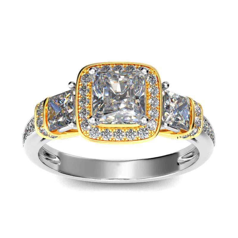 Jeulia Three Stone Halo Princess Cut Sterling Silver Ring