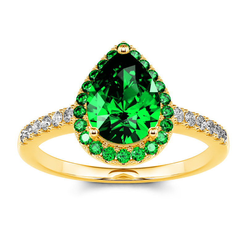 Pear Cut Emerald Halo Ring with Yellow Gold
