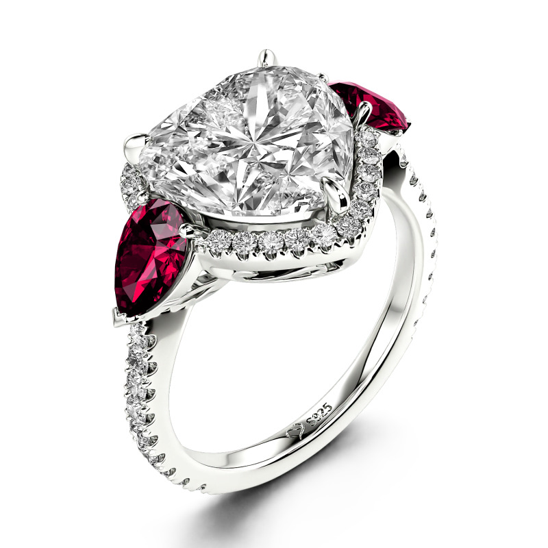 Jeulia Three Stone Halo Heart Cut Sterling Silver Ring