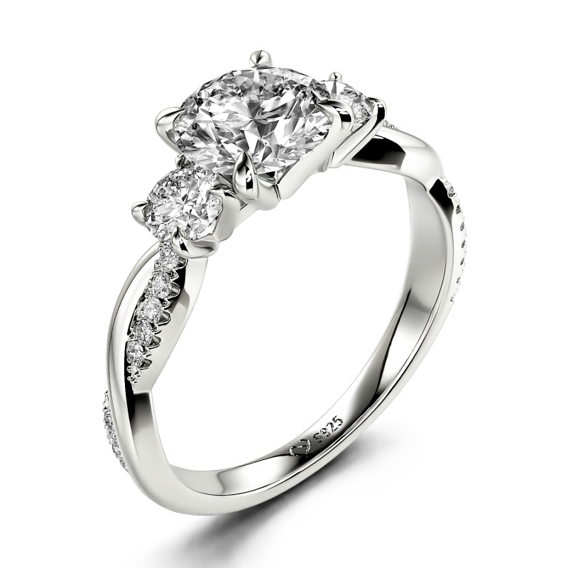 Jeulia Twist Three Stone Engagement Ring Sterling Silver Round Cut