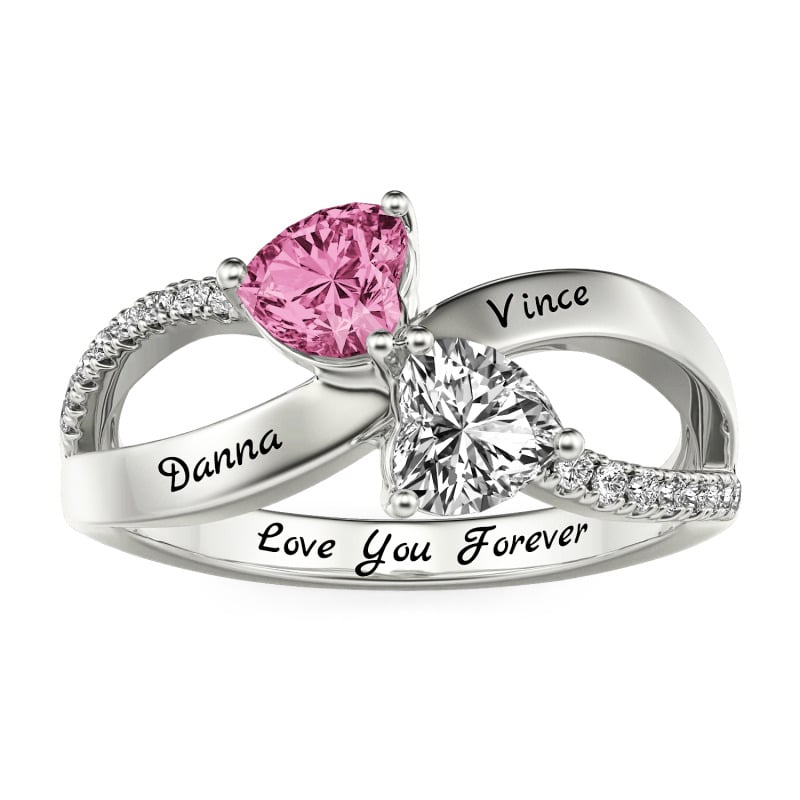 Jeulia Anillo de Doble Corazón Personalizado con Grabado de Piedra Natal y Aro Trenzado Infinito