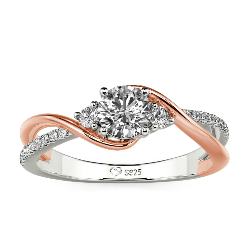 Jeulia Custom Three Stone Bypass Twist Two Tone Round Engagement Ring