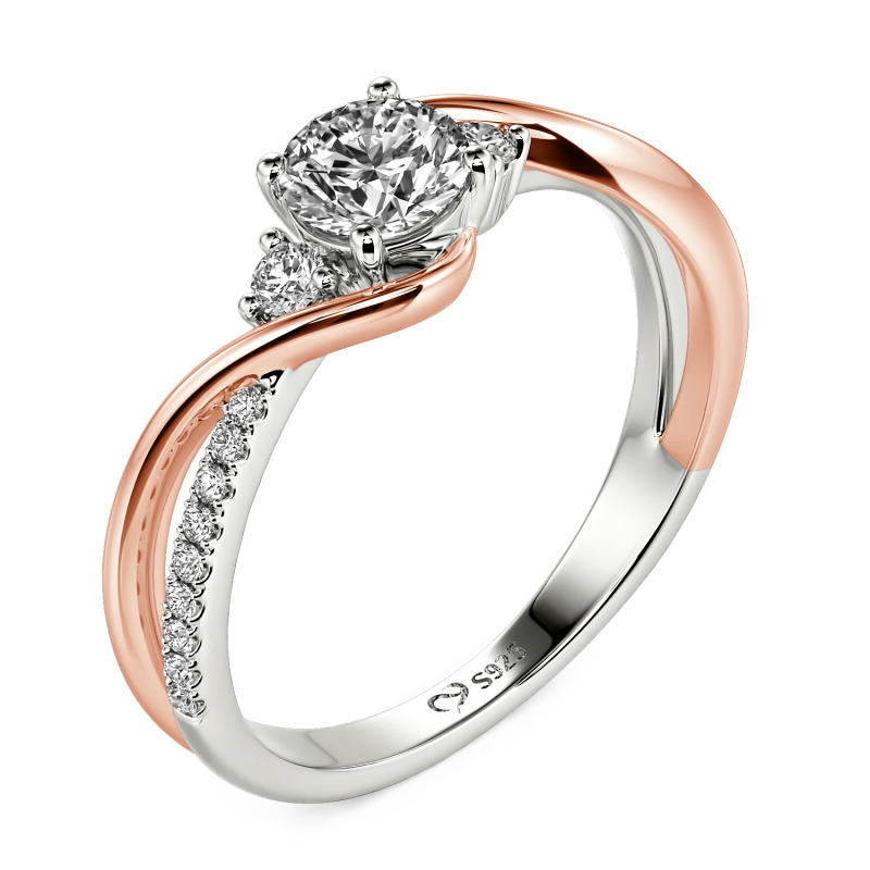 Jeulia Custom Three Stone Bypass Twist Two Tone Round Engagement Ring
