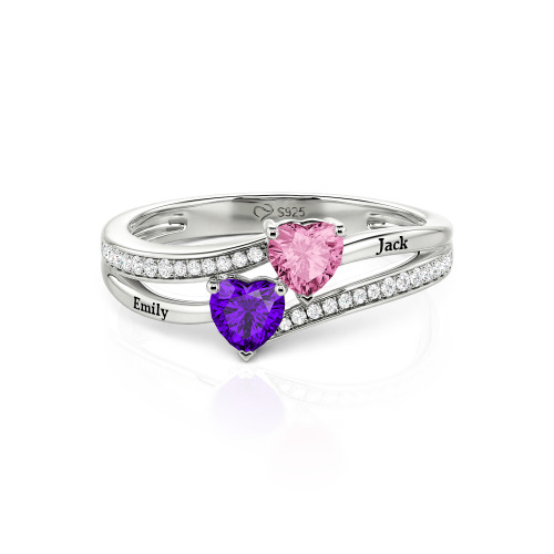 Jeulia Custom Engraved Pave Toi et Moi Double-Heart Ring