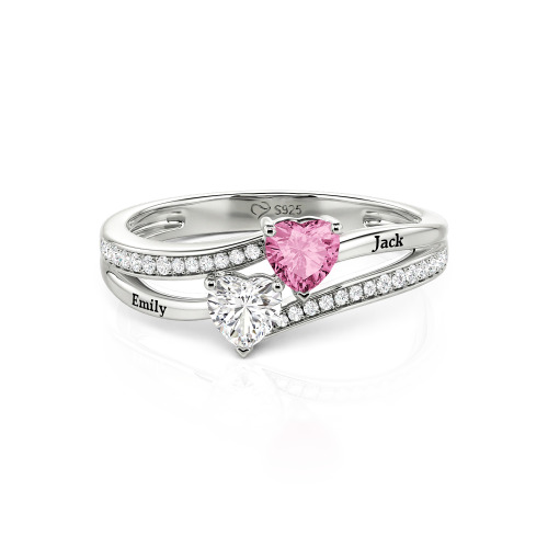 Jeulia Custom Engraved Pave Toi et Moi Double-Heart Ring