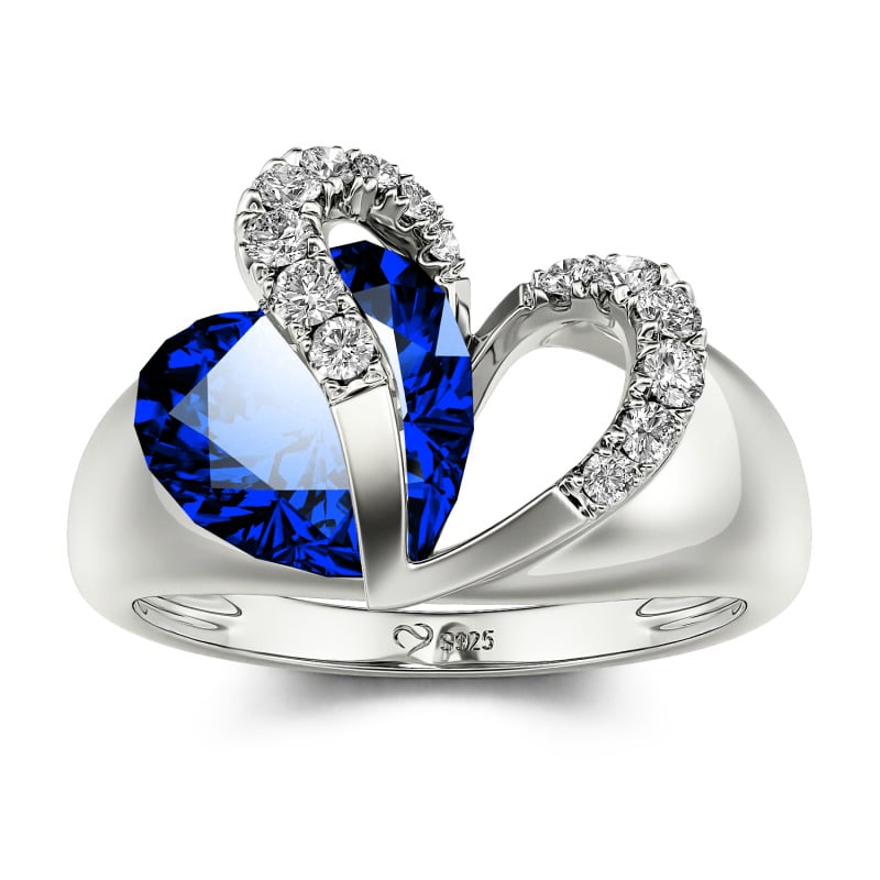 Jeulia "Vibration" Two Heart Sapphire Ring Hollow Design Sterling Silver