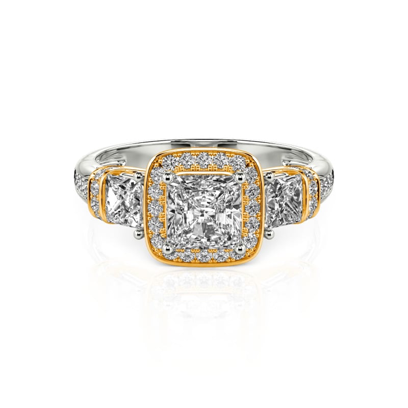 Jeulia Three Stone Halo Princess Cut Sterling Silver Ring