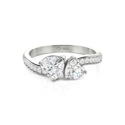 Jeulia Heart Cut Two Stone Wave Design Sterling Silver Engagement Ring