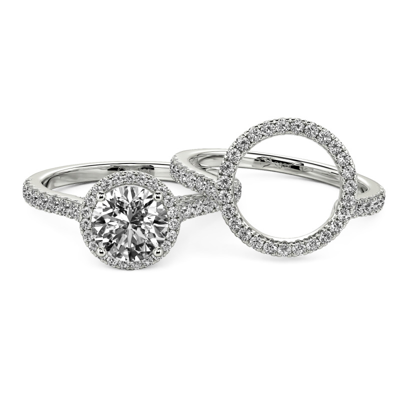 Jeulia Juego de Anillos de Compromiso con Halo Corte Redondo Personalizados en Plata Esterlina