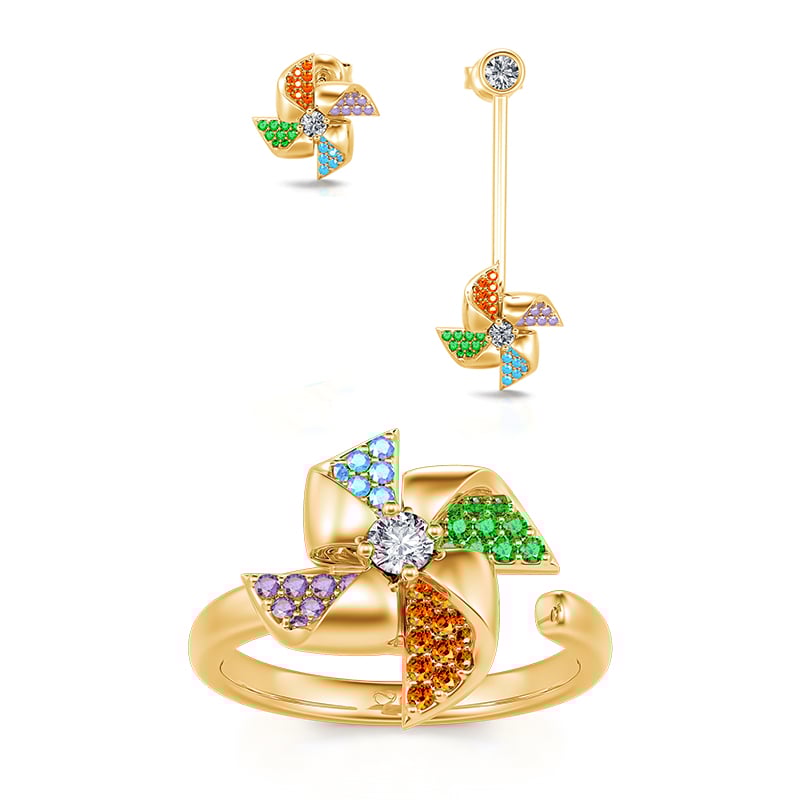 Jeulia "Back to Youth" Rotating Colorful Windmill Sterling Silver Jewelry Set