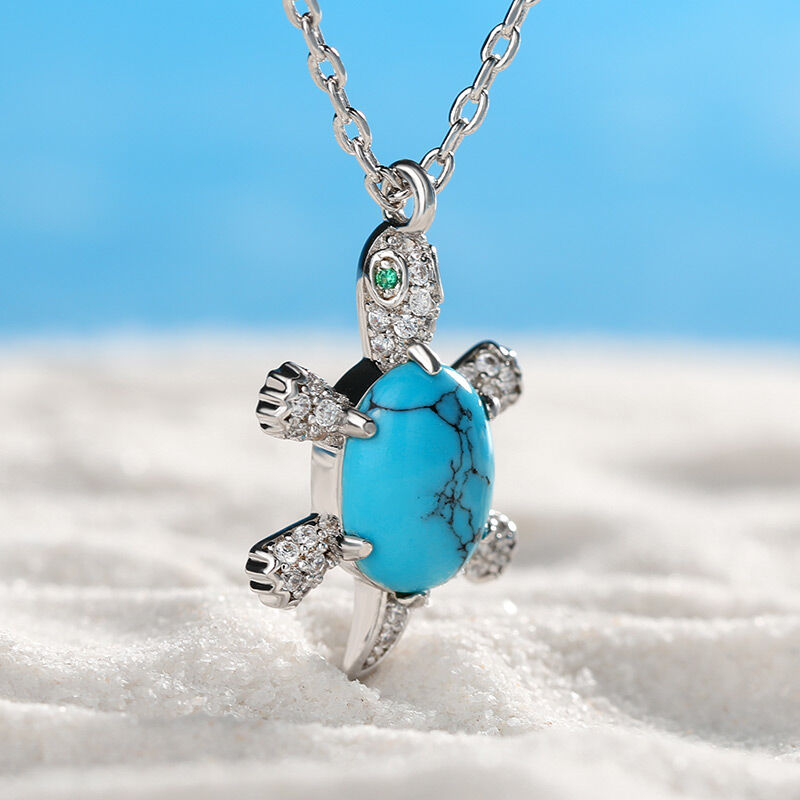 Jeulia "Wise Tortoise" Turquoise Design Sterling Silver Necklace