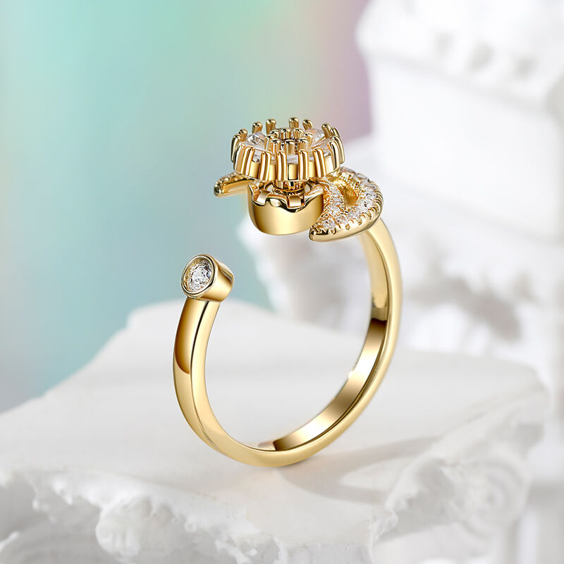 Jeulia Anillo Abierto Calmante Giratorio de Plata de Ley con Luna y Flor