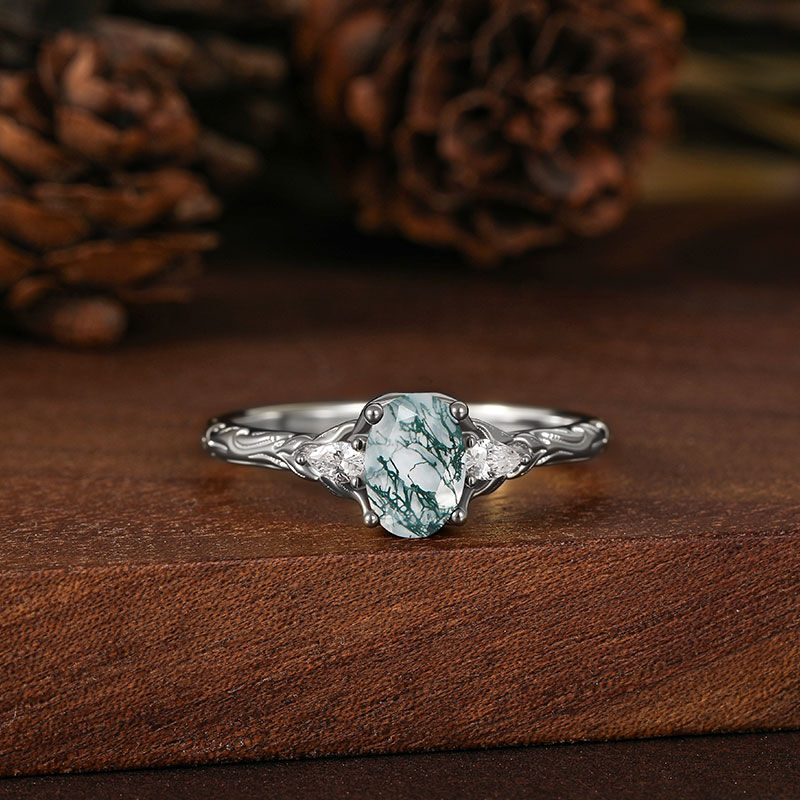 Jeulia Anillo de Boda Tres Piedras de Ágata Musgo