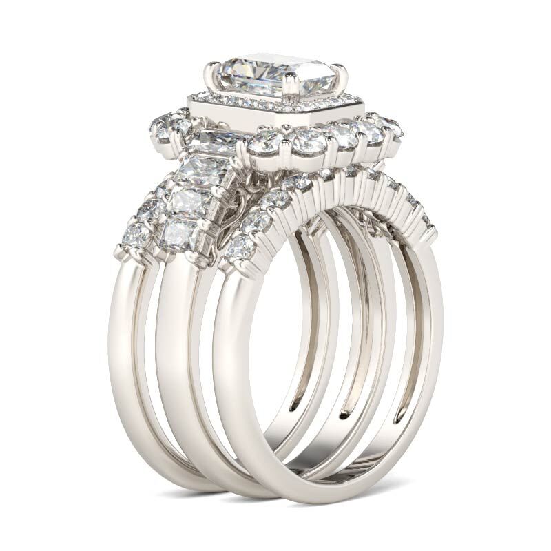 Jeulia Halo Radiant Cut Sterling Silver 3PC Ring Set