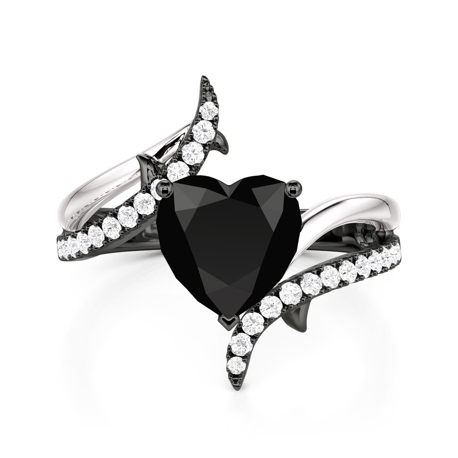 Jeulia Two Tone Bypass Black Heart Ring Sterling Silver