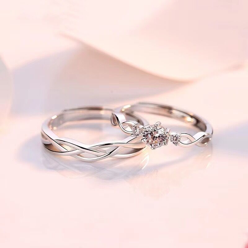 Jeulia Simple Couple Rings Three Stone Twist Hollow Adjusted Sterling Silver