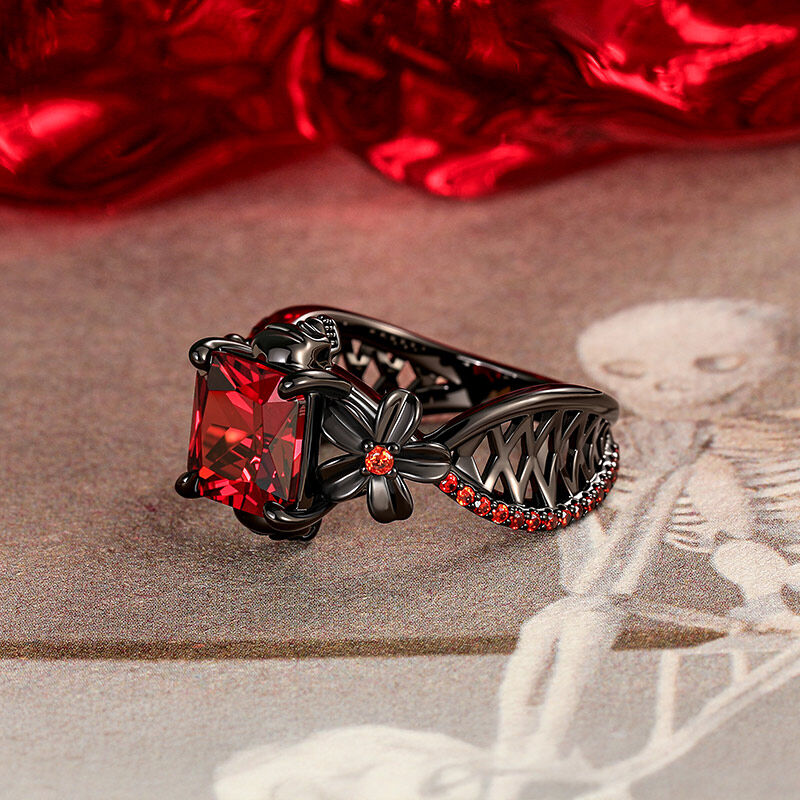 Jeulia Floral Radiant Ruby Gothic Black Skull Ring Hollow Shank