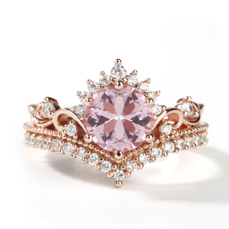 Jeulia Crown Design Round Cut Synthetic Morganite Sterling Silver Ring