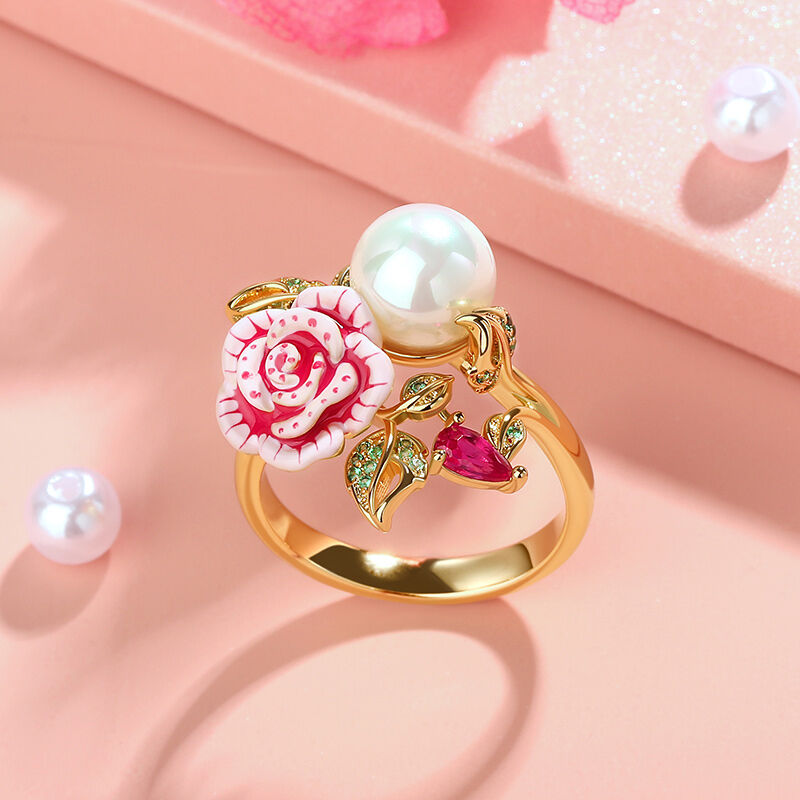 Jeulia "Cherished Love" Cultured Pearl Rose Flower Enamel Sterling Silver Ring