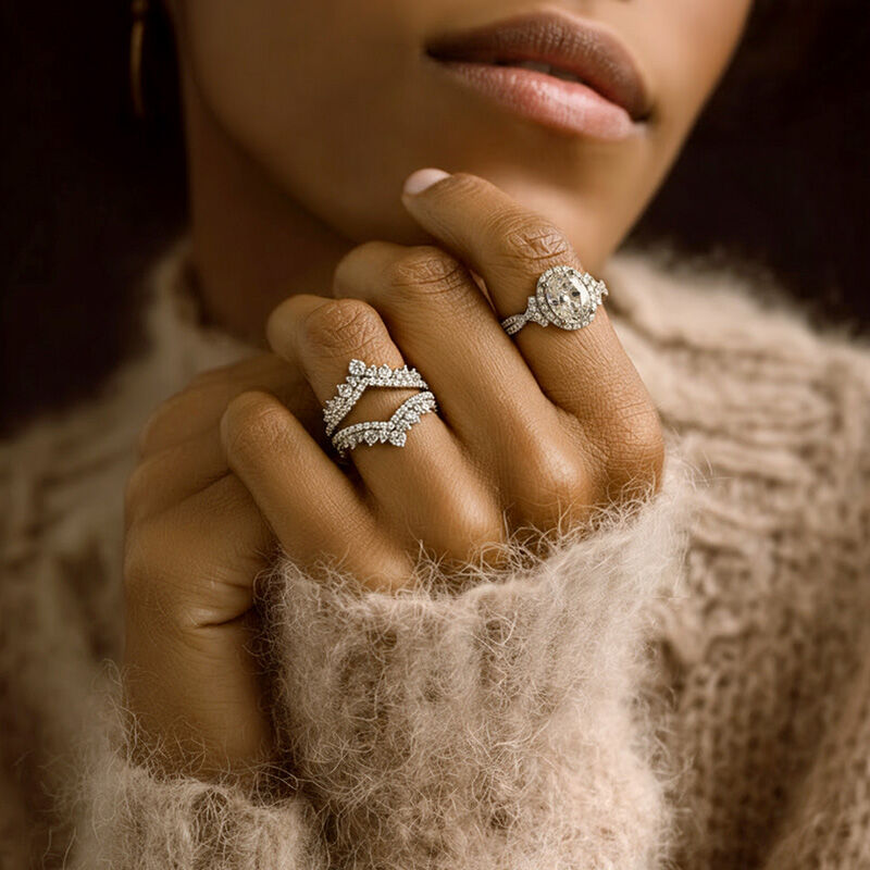 Jeulia Ensemble de Bague de Mariage Ovale Halo Tordu avec Enhanceur en V