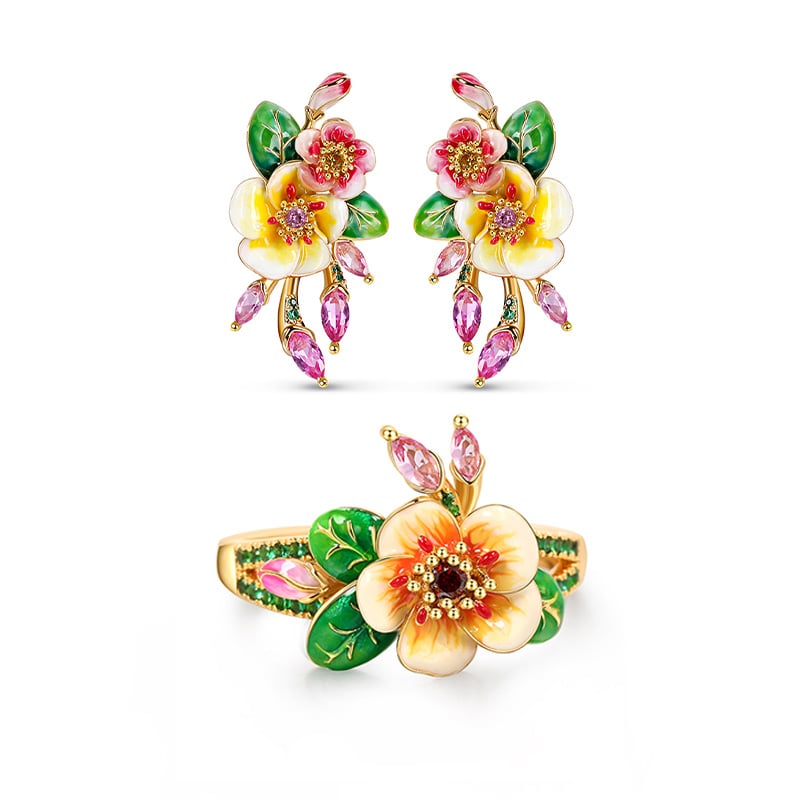 Jeulia "Whimsical Beauty" Pear Blossom Enamel Sterling Silver Jewelry Set