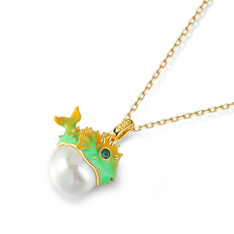 Jeulia "Bubbles" Puffer Fish with Cultured Pearl Enamel Sterling Silver Necklace