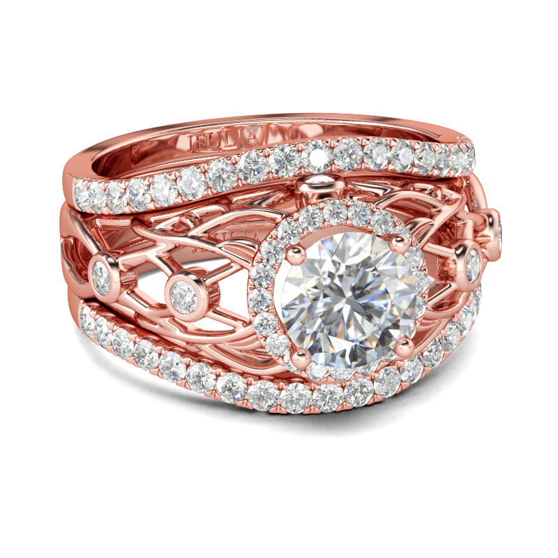 Jeulia 3PC Rose Gold Tone Round Cut Sterling Silver Ring Set