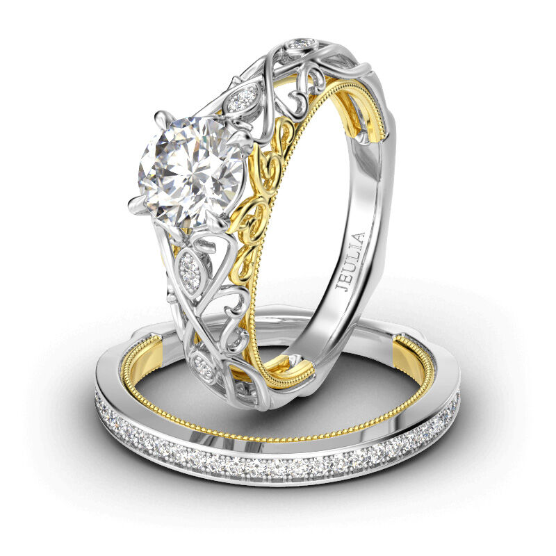 Jeulia Set De Anillo De Plata Esterlina Con Corte Vintage Scrollwork Decorativo Lateral Oro