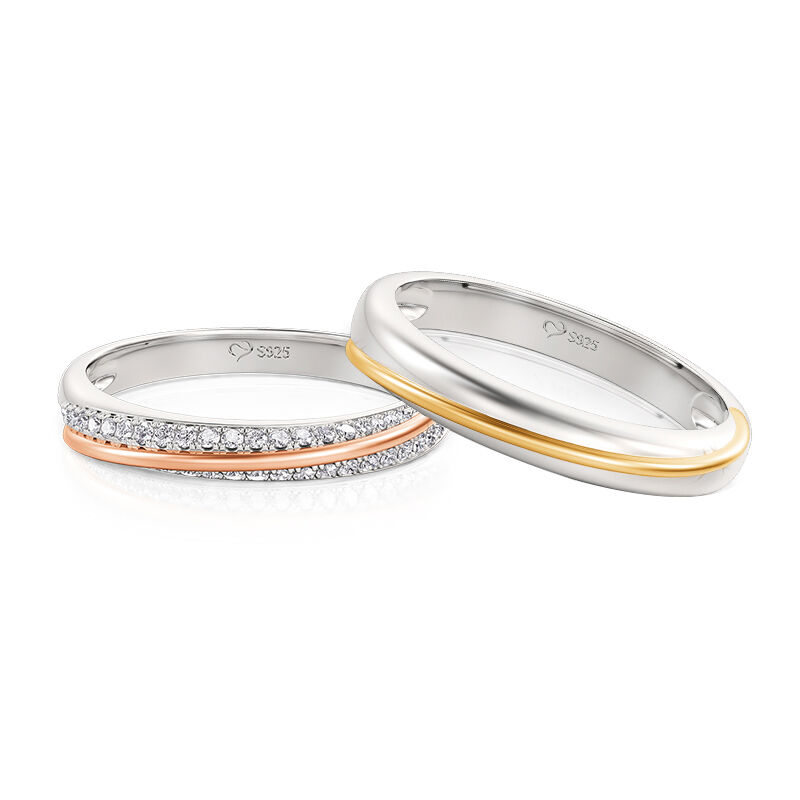 Jeulia Two Tone Slash Couple Ring Set Sterling Silver