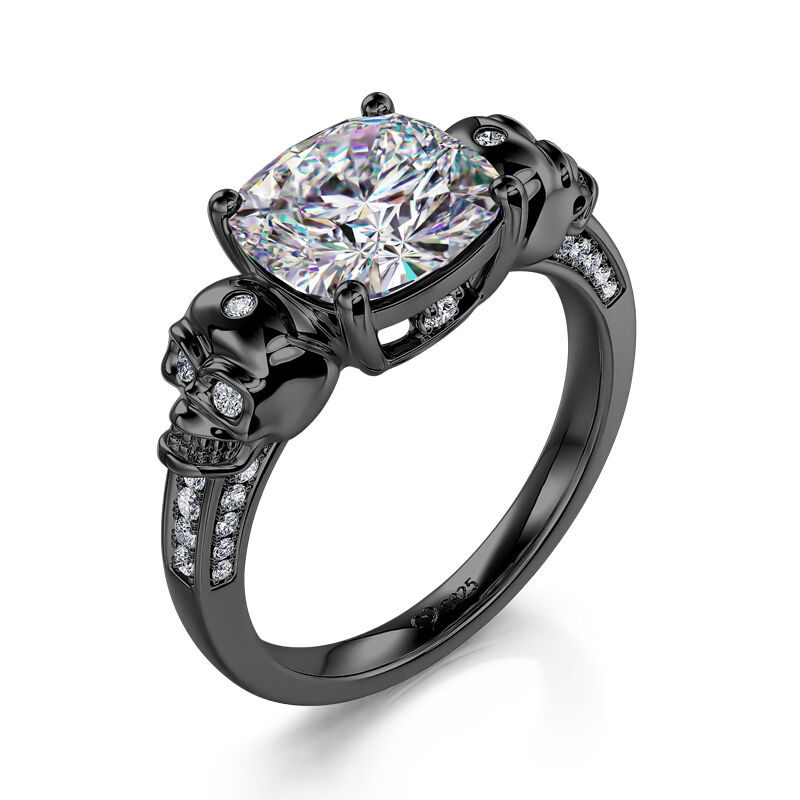 Jeulia "Amore eterno" Anello con teschio nero gotico tagliato a cuscino in Argento Sterling