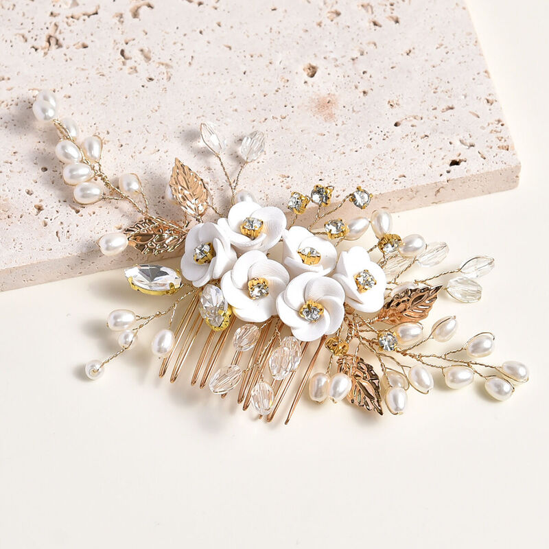 Jeulia White Flower Hair Comb Gold Tone Pearl Crystle Headpiece