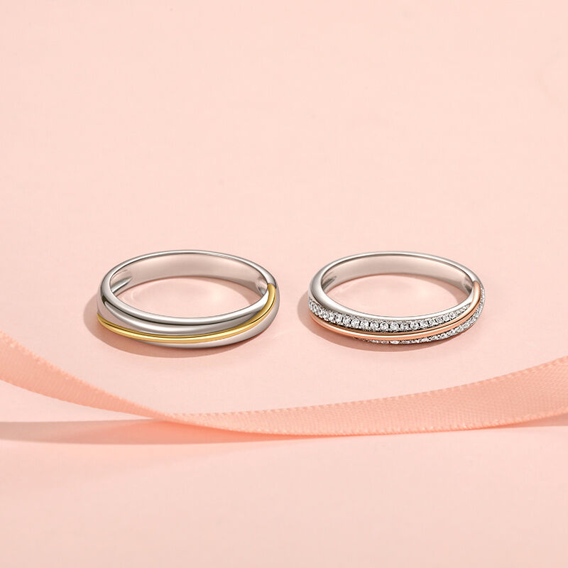 Jeulia Two Tone Slash Couple Ring Set Sterling Silver