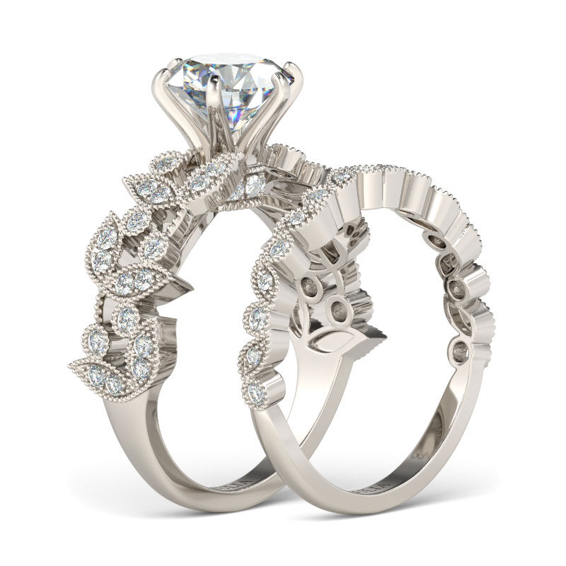 Jeulia Leaf Design Round Cut Sterling Silver Ring Set