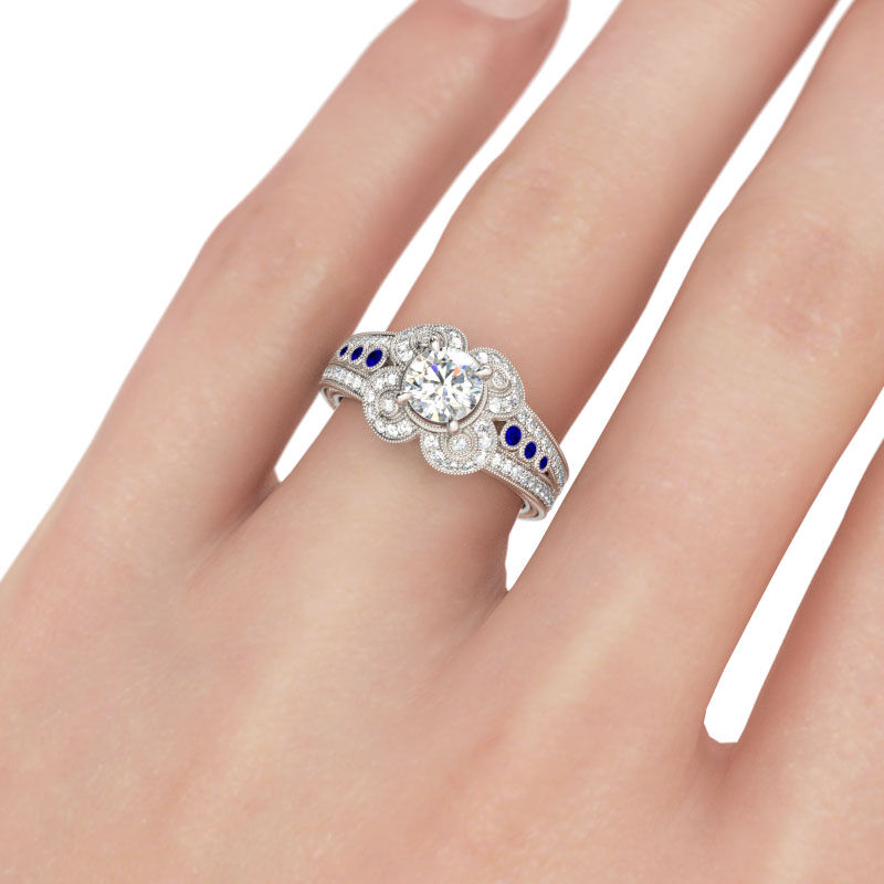 Jeulia Milgrain Flower Design Round Cut Sterling Silver Ring