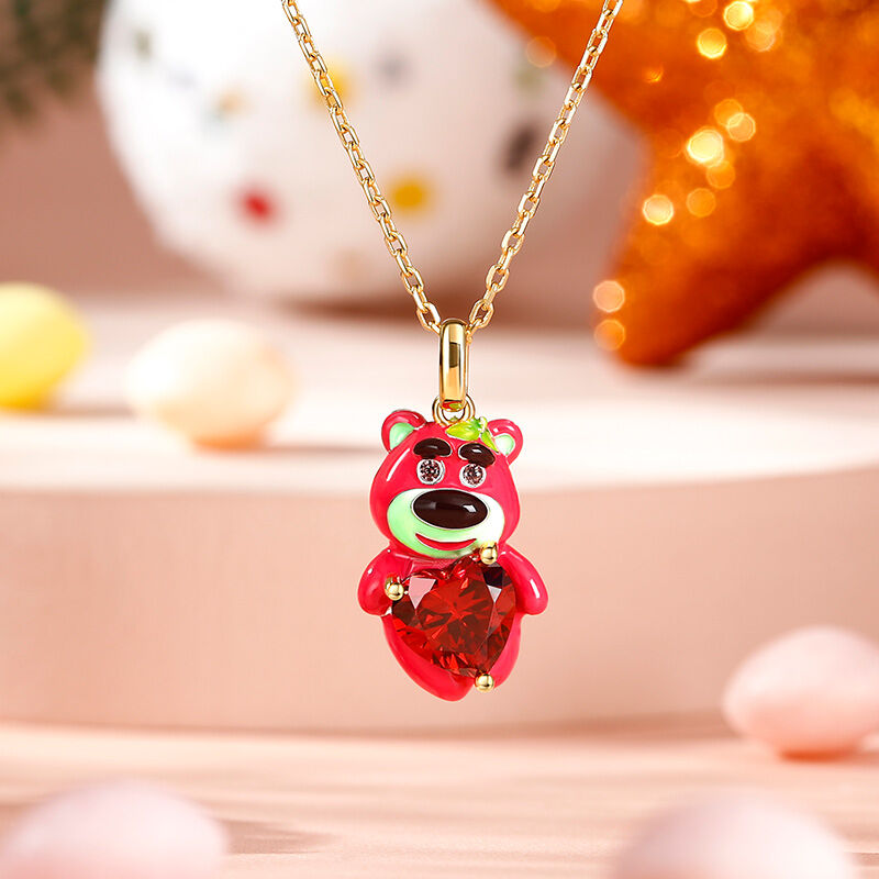 Jeulia Hug Me "Pink Boy"  Bear with Strawberry Sterling Silver Jewelry Set