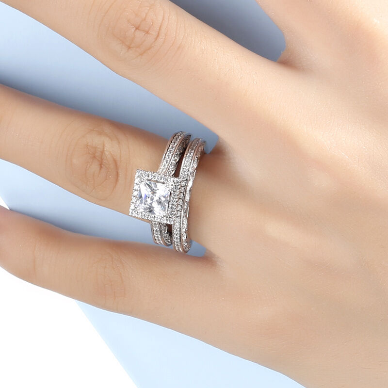 Jeulia Halo Princess Cut Sterling Silver Ring Set