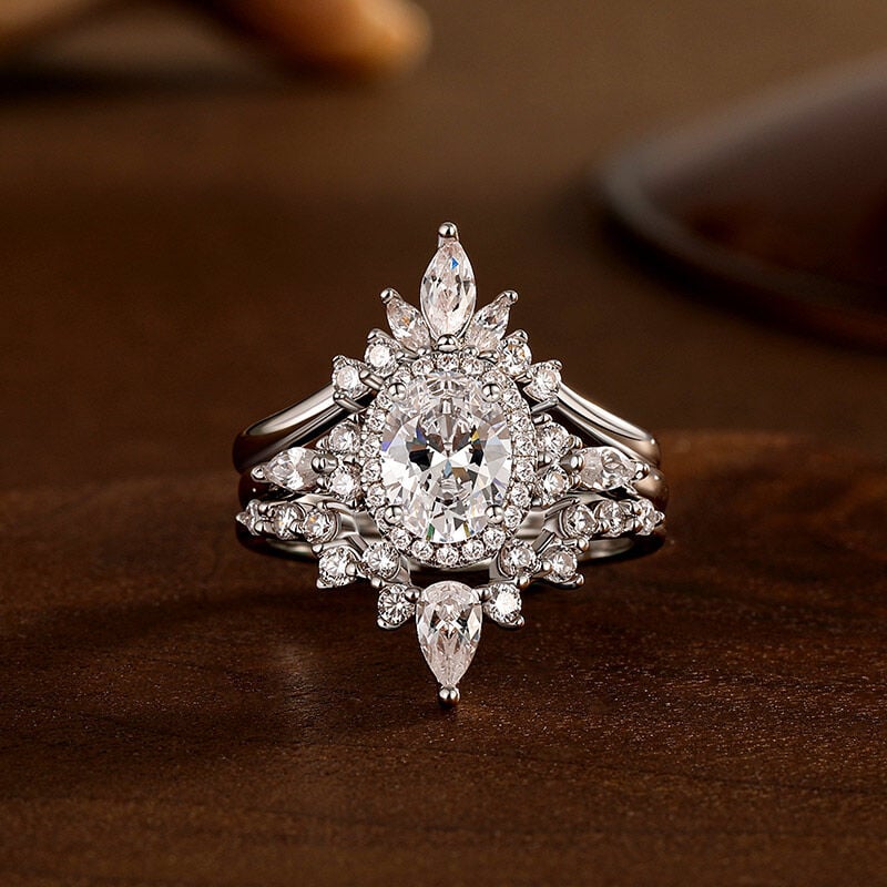 Jeulia Olivetta Vintage Oval Cut Halo Ring Set 3pcs