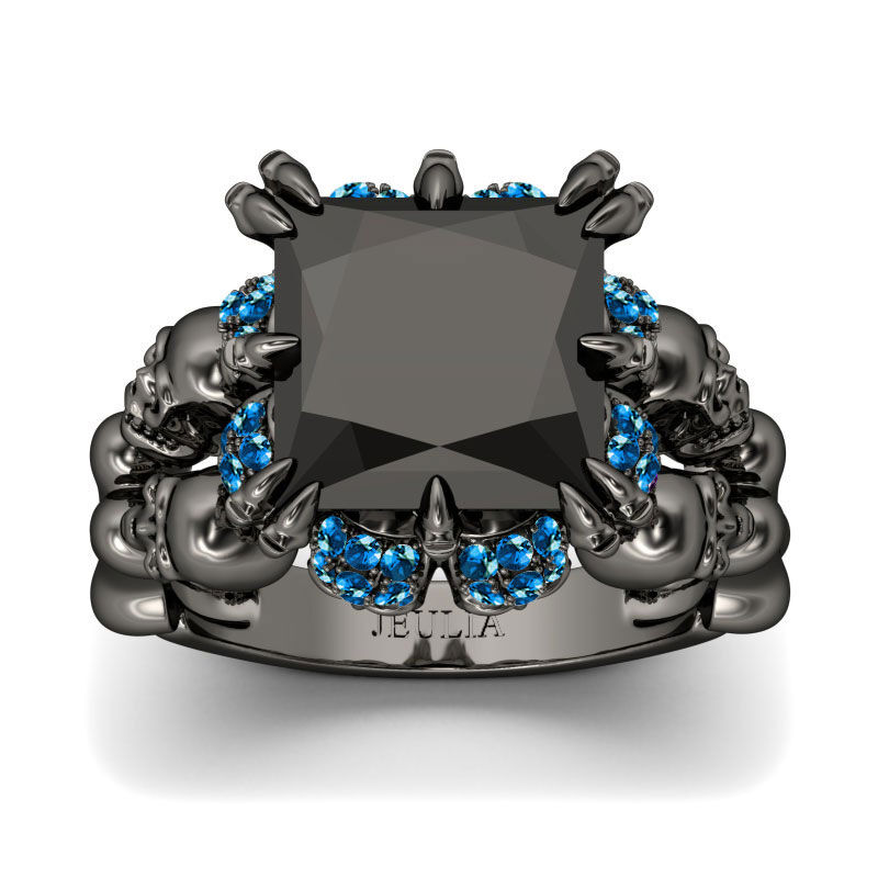 Jeulia Fancy Black Princess Cut Sterling Silver Skull Ring