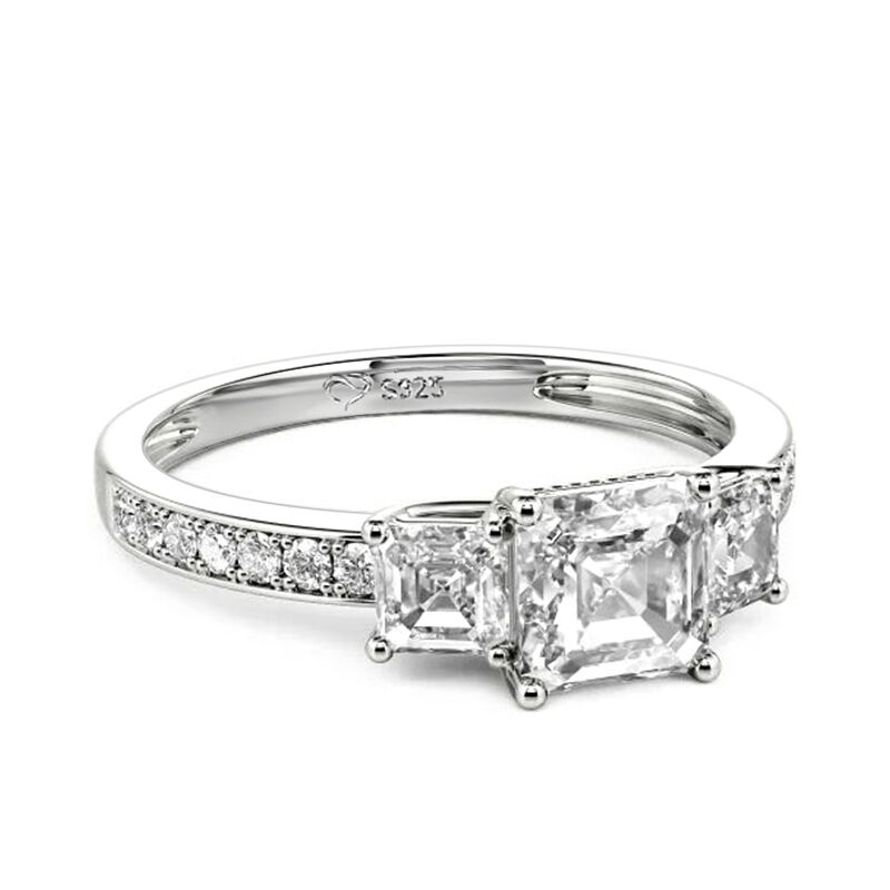 Jeulia Asscher Cut Three Stone Sterling Silver Engagement Ring