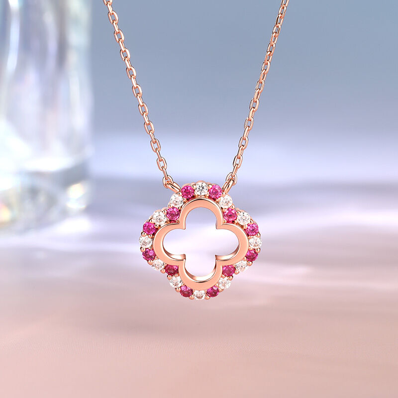 Jeulia "Dream Pink" Clover Necklace Hollow out Silver