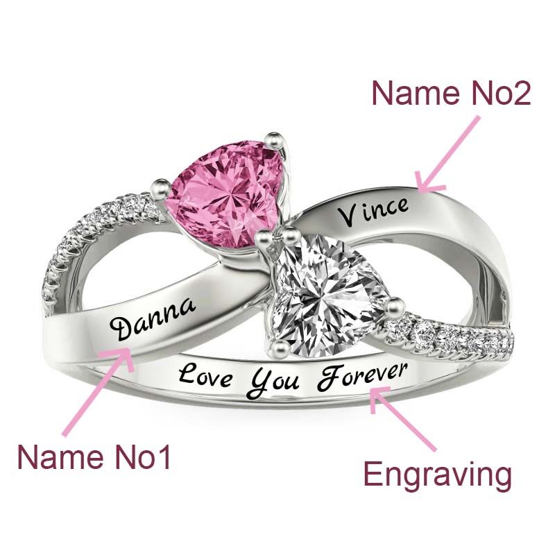 Jeulia Custom Double Heart Ring with Birthstone Engraving Infinify Twist Band