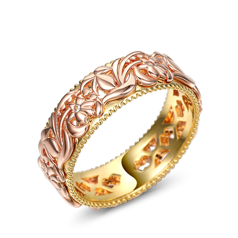Jeulia Two Tone Floral and Leaf Carved Unique Sterling Silver Women's Band
