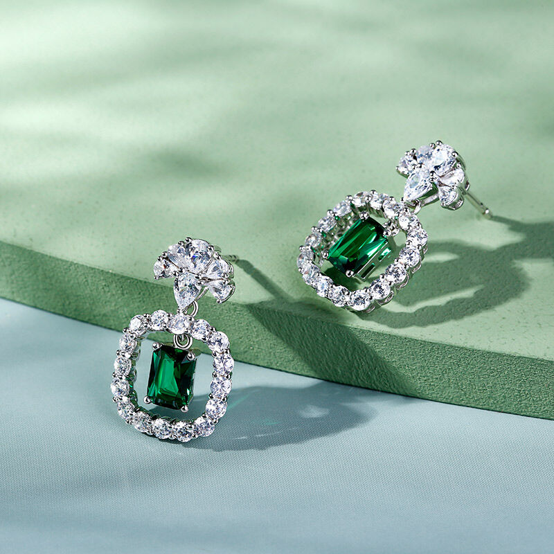 Jeulia Emerald Halo Radiant Cut Sterling Silver Earrings