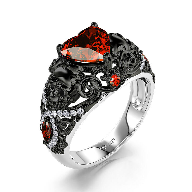 Jeulia Black Twist Ruby Heart Skull Ring Sterling Silver