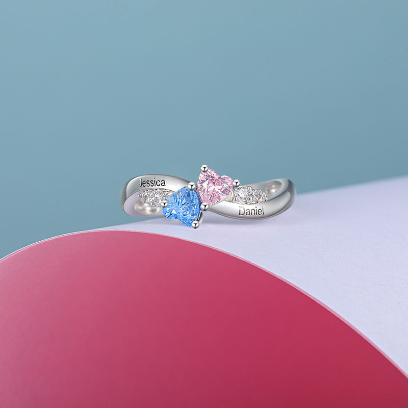 Jeulia Unique Custom Double Heart Ring With Birthstone and Engraving