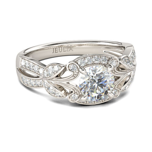 Jeulia Vintage Leaf Design Round Cut Sterling Silver Ring