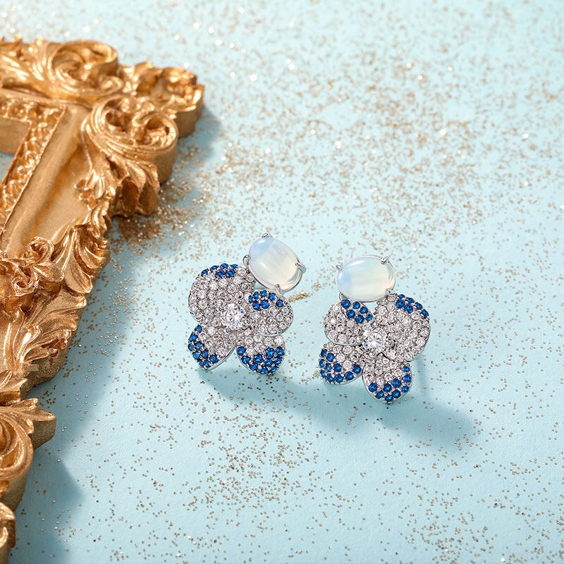 Jeulia Midsummer Night Pansy Moonstone Flower Stud Earrings